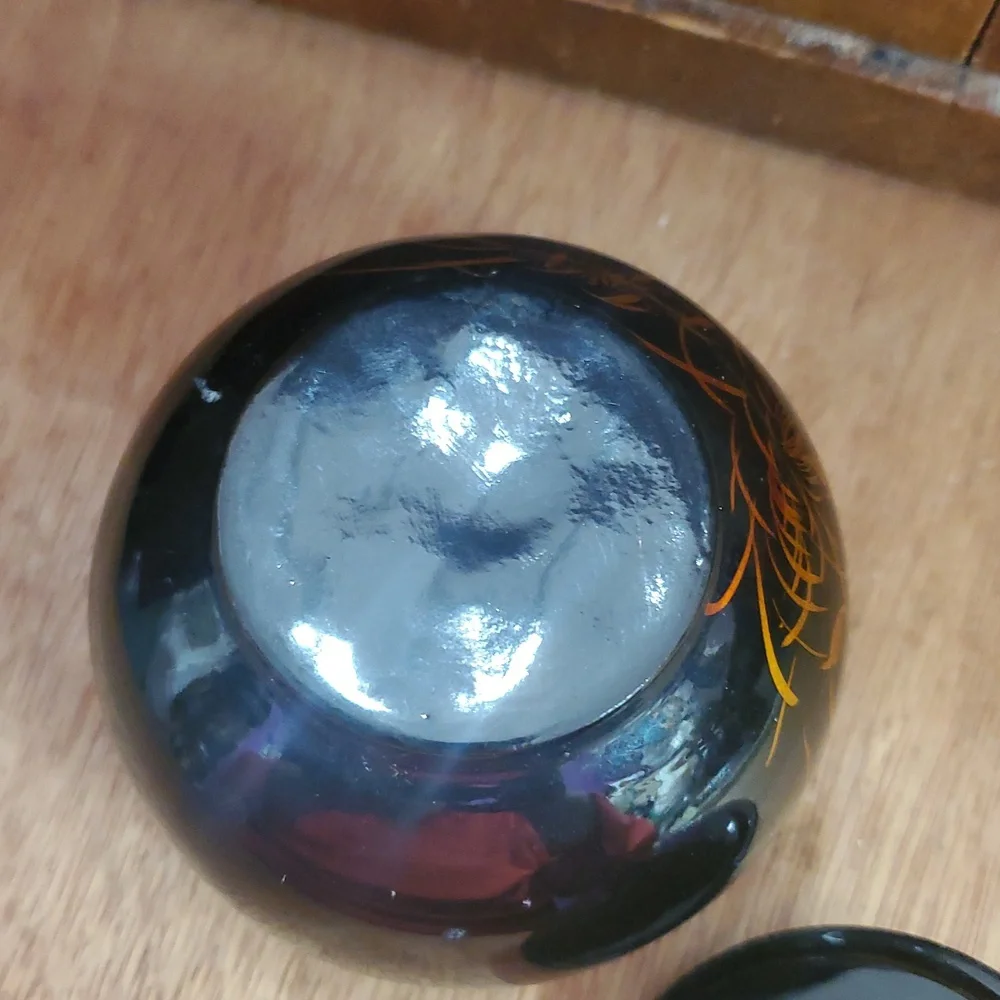 Black Lacquer Ware Wood Hand Painted Koi Fish Round Trinket/Jewelry Lidded Box